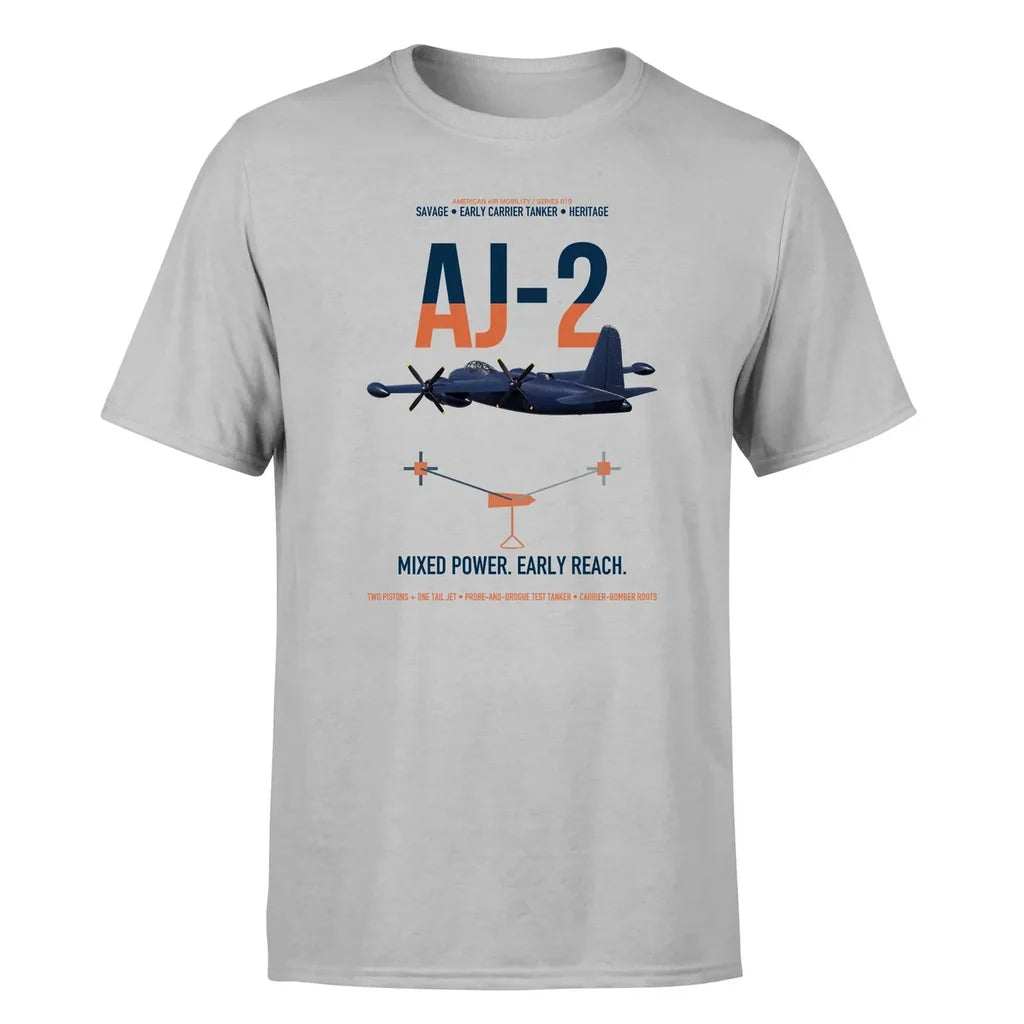 AJ-2 Savage Tanker design on light gray double-side t-shirt, single-side print