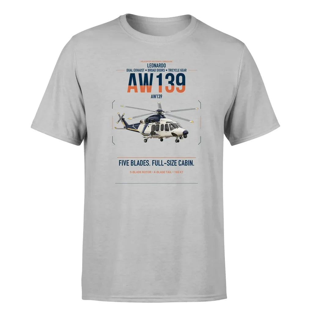 Leonardo AW139 design on light gray t-shirt, single-side print