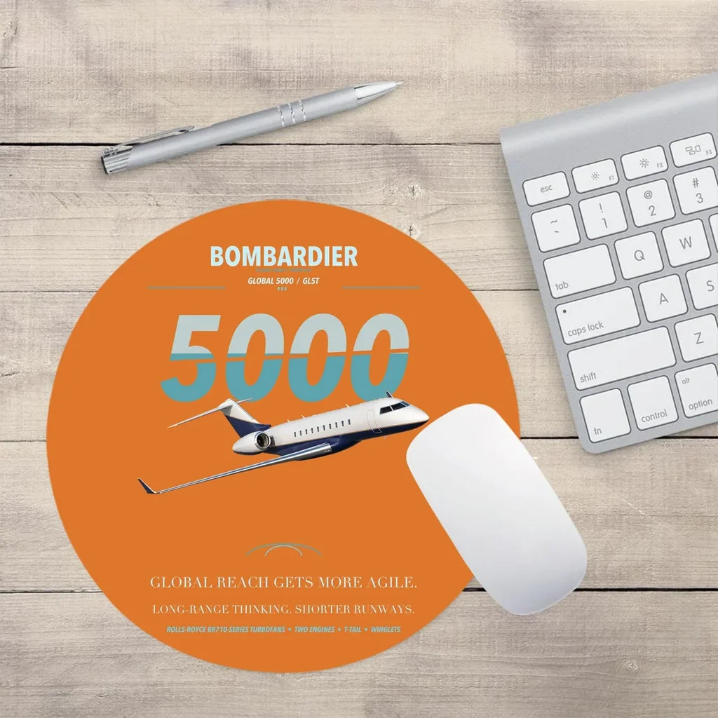 Bombardier Global 5000 design on orange round mouse pad