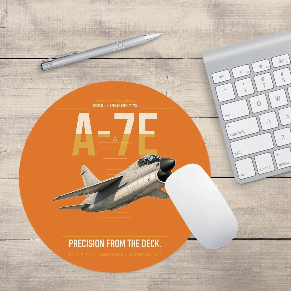 A-7E Corsair II design on orange round mouse pad