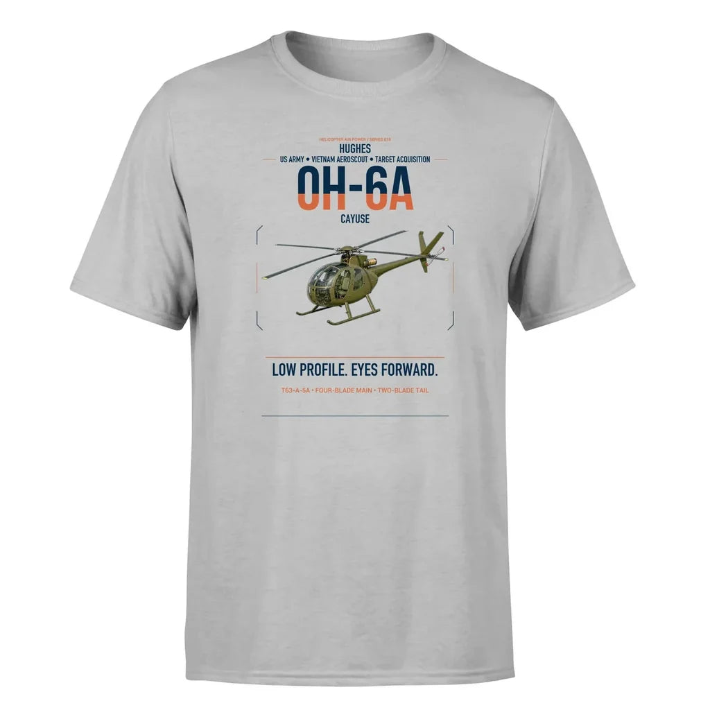 Hughes OH-6A Cayuse design on light gray t-shirt, single-side print