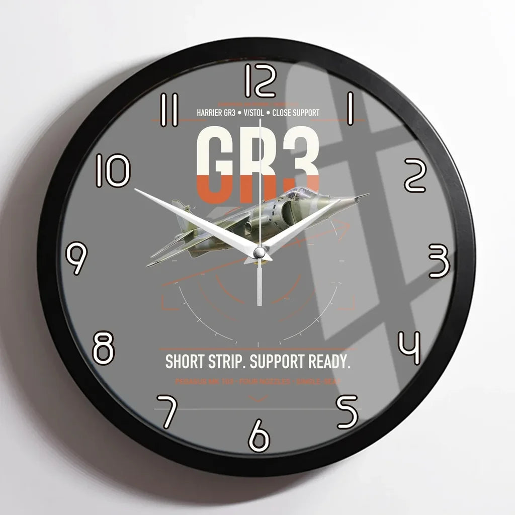 Hawker Siddeley Harrier GR3 design on gray framed wall clock