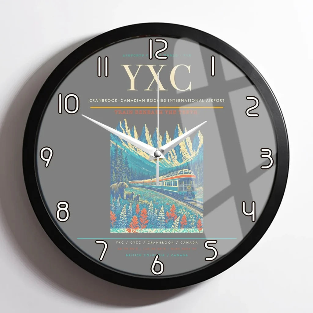 Cranbrook–Canadian Rockies International Airport (YXC) design on gray framed wall clock