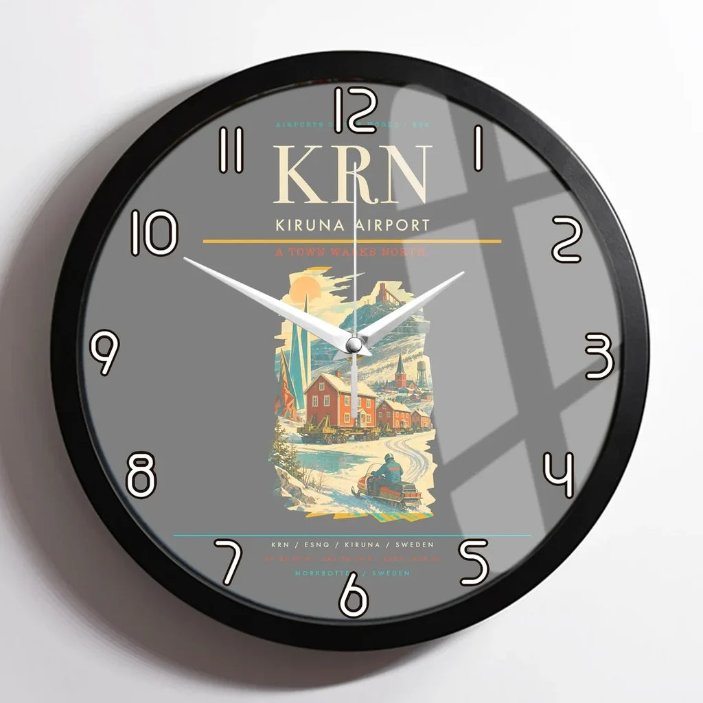 Kiruna Airport (KRN) design on gray framed wall clock