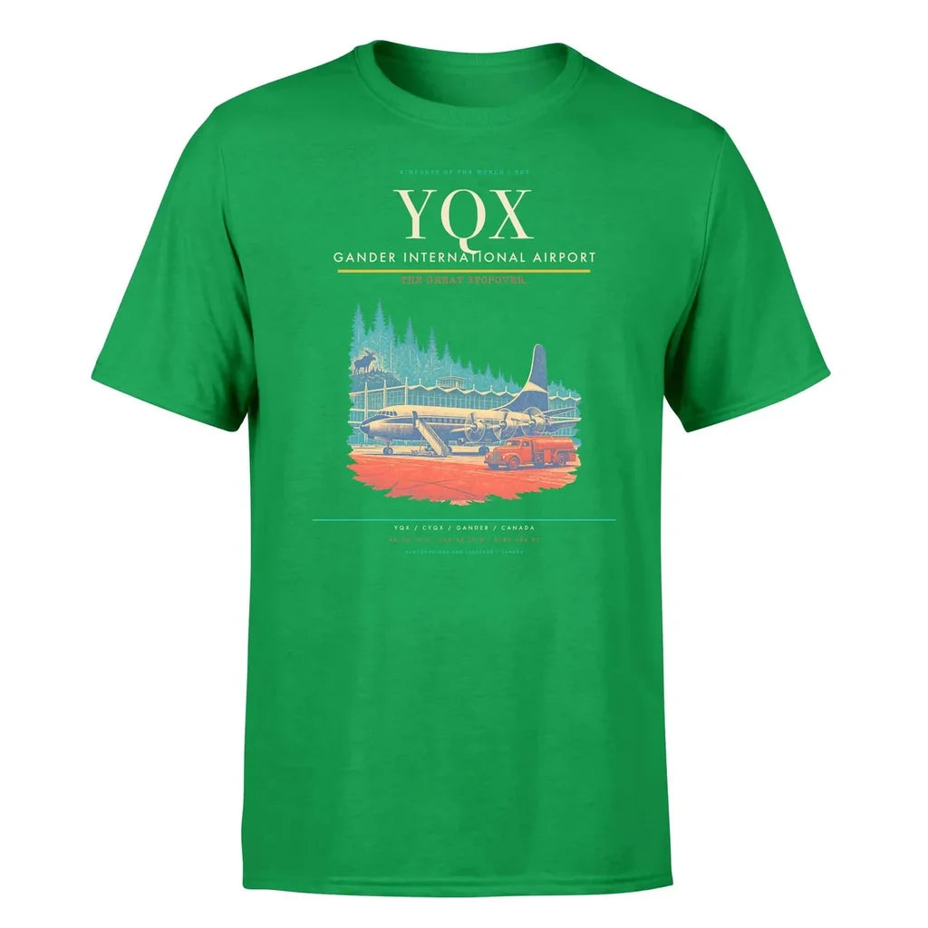 Gander International Airport (YQX) T-Shirt single-side front print in Green | gander-international-airport-yqx-double-side-t-shirt