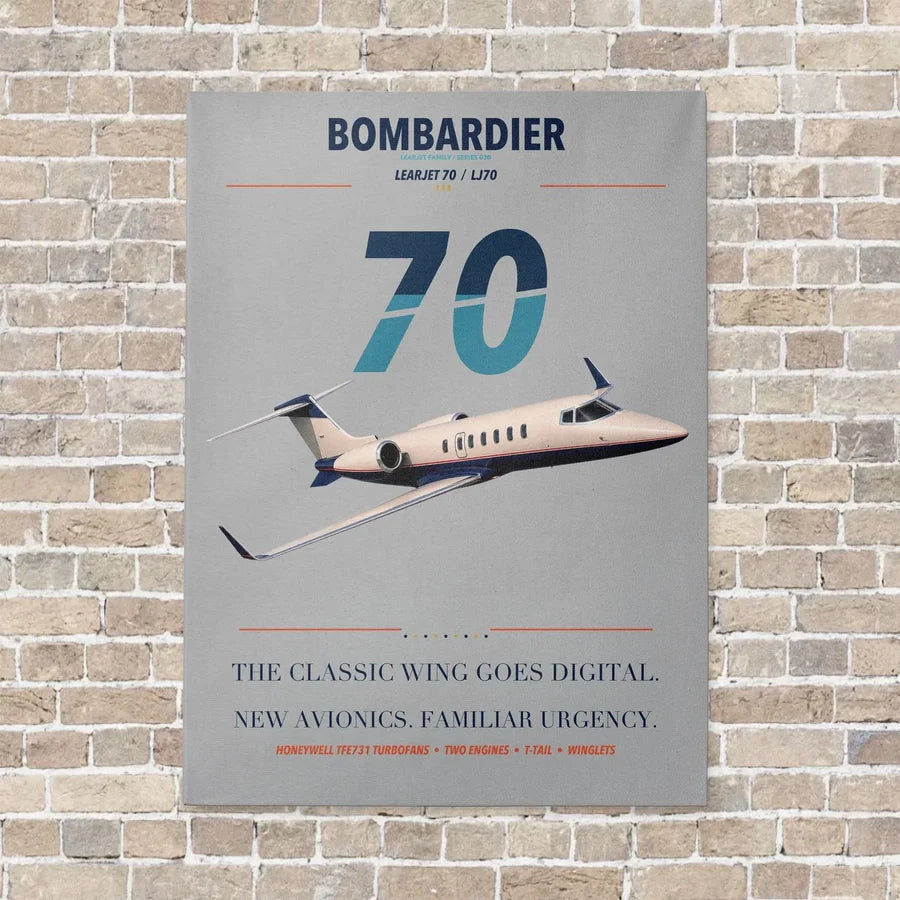 Bombardier Learjet 70 vertical canvas print - no frame - light gray background
