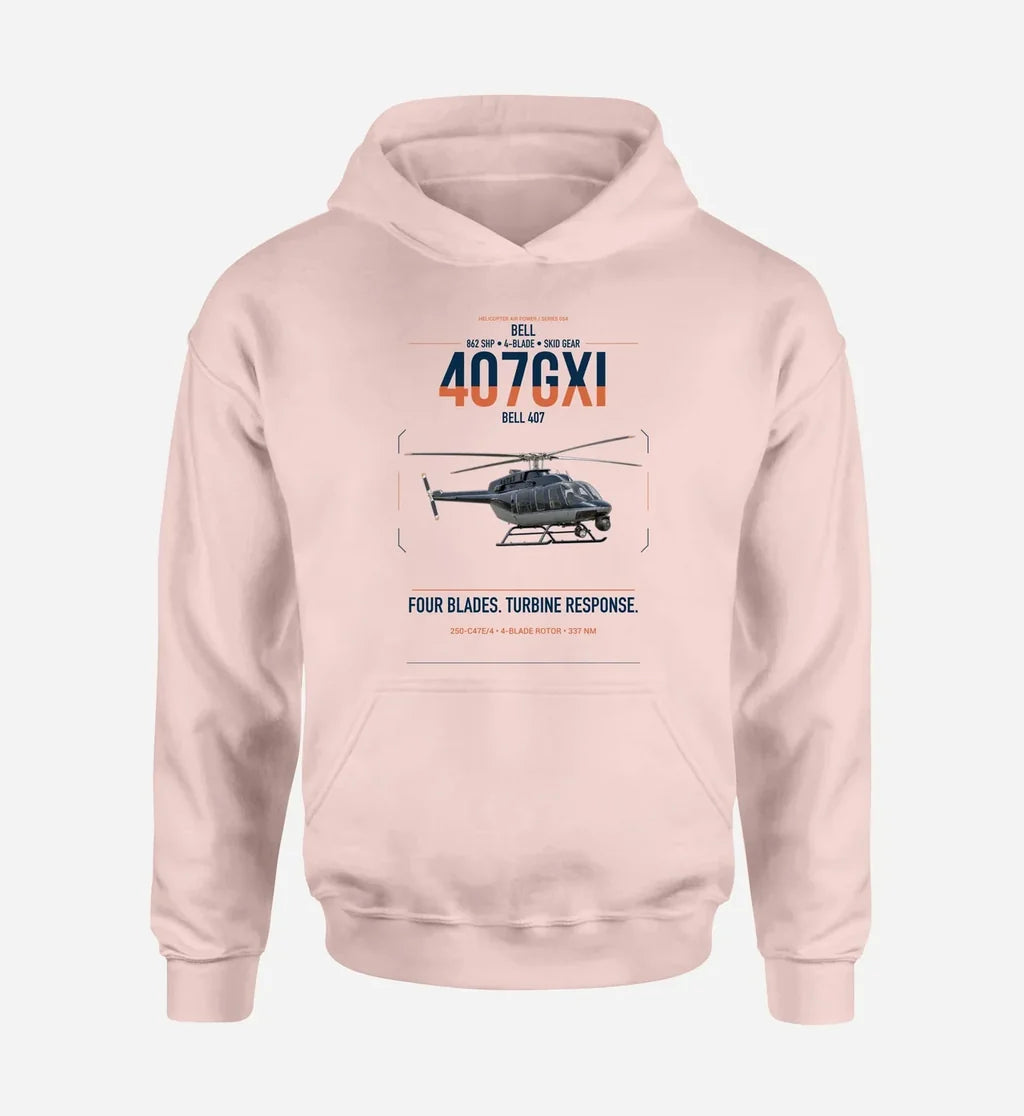 Bell 407GXi design on pink double-side hoodie, single-side print