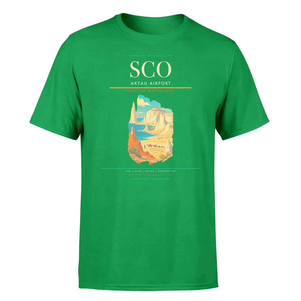 Aktau Airport (SCO) T-Shirt single-side front print in Green | aktau-airport-sco-double-side-t-shirt