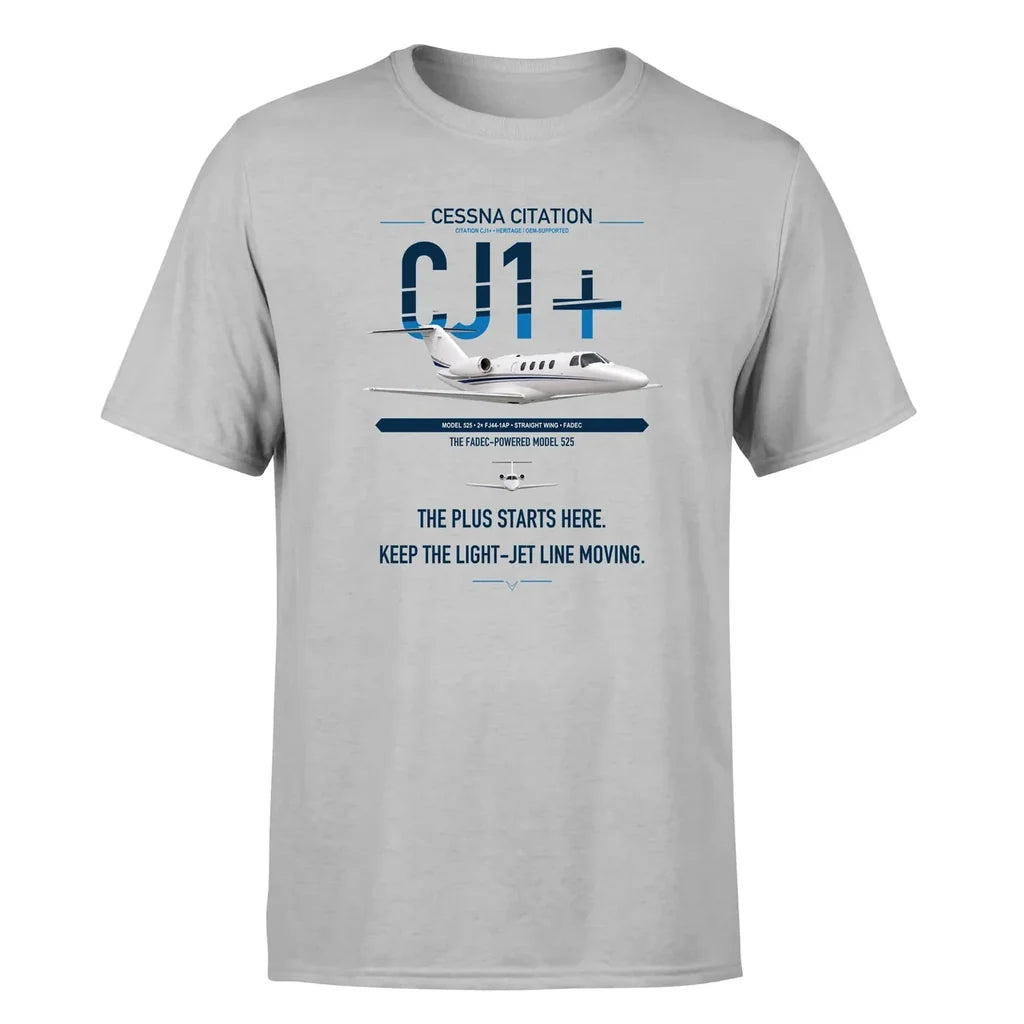 Cessna Citation CJ1+ design on light gray double-side t-shirt, single-side print