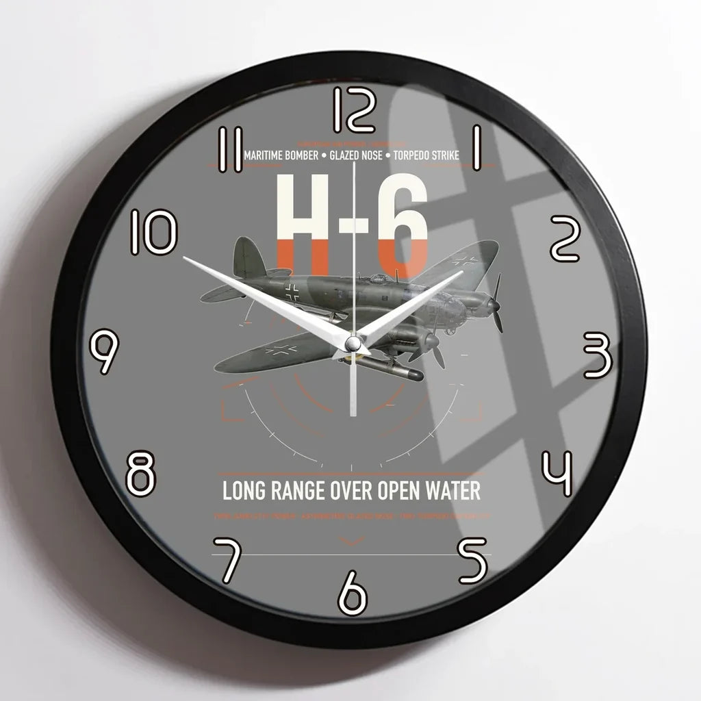Heinkel He 111H-6 design on gray framed wall clock