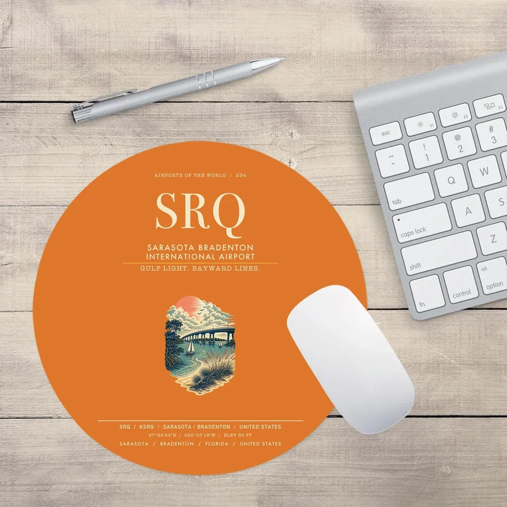 Sarasota Bradenton International Airport (SRQ) design on orange round mouse pad