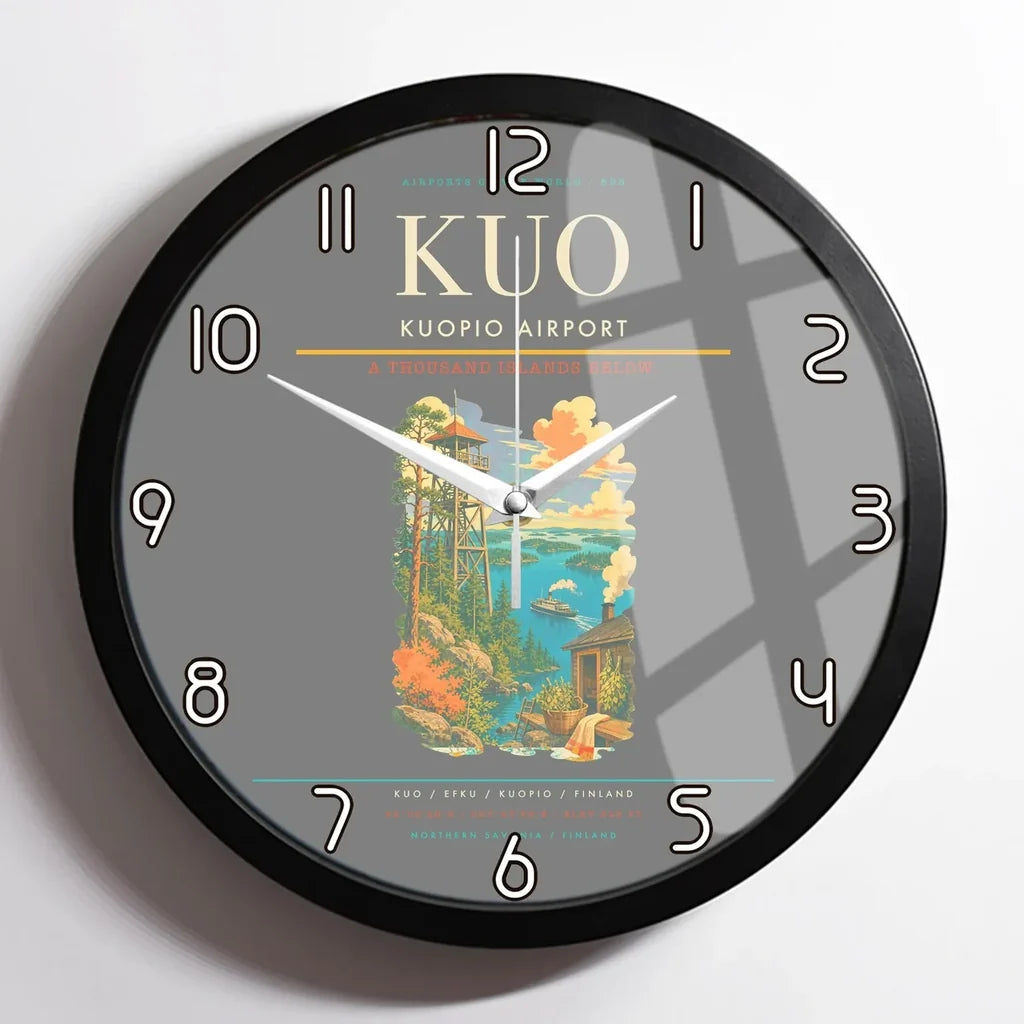 Kuopio Airport (KUO) design on gray framed wall clock