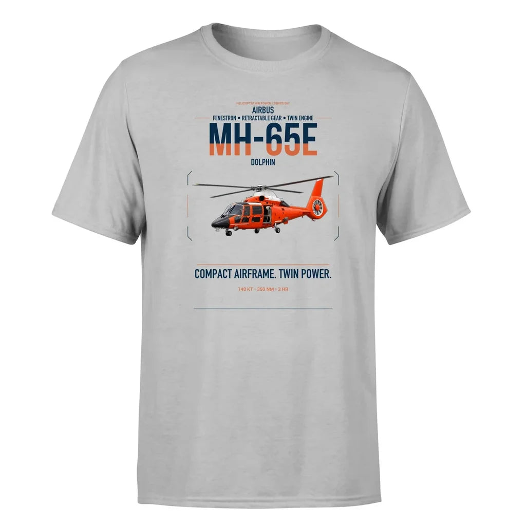 Airbus MH-65E Dolphin design on light gray t-shirt, single-side print