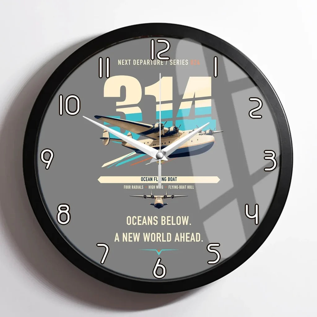 Boeing 314 Clipper design on gray framed wall clock