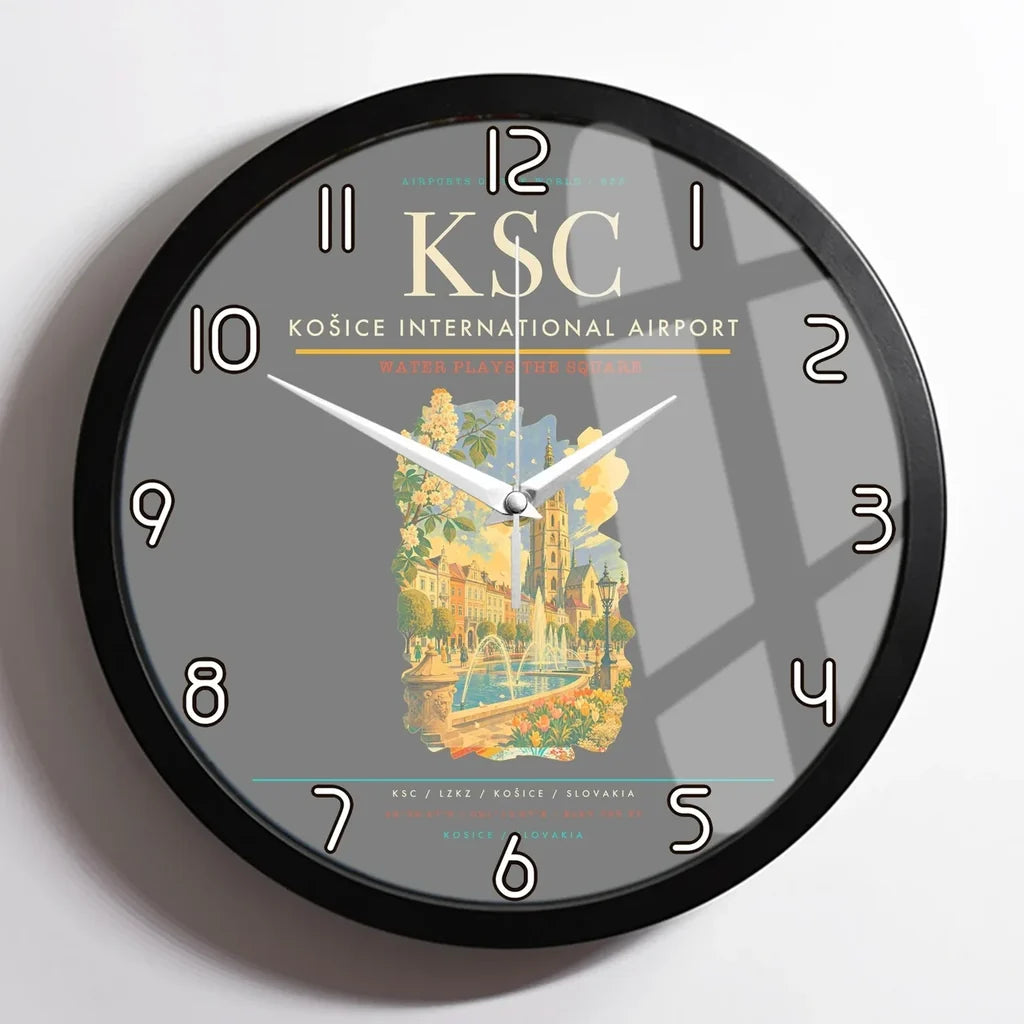 Košice International Airport (KSC) design on gray framed wall clock