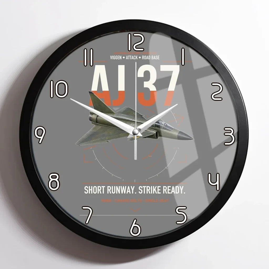 Saab AJ 37 Viggen design on gray framed wall clock