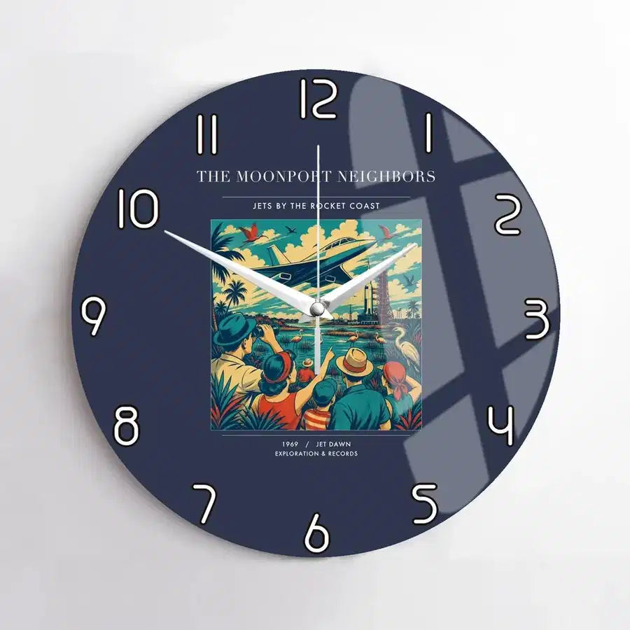VINTAGE G4129 - The Moonport Neighbors - Designed Wall Clocks design on navyblue no-frame