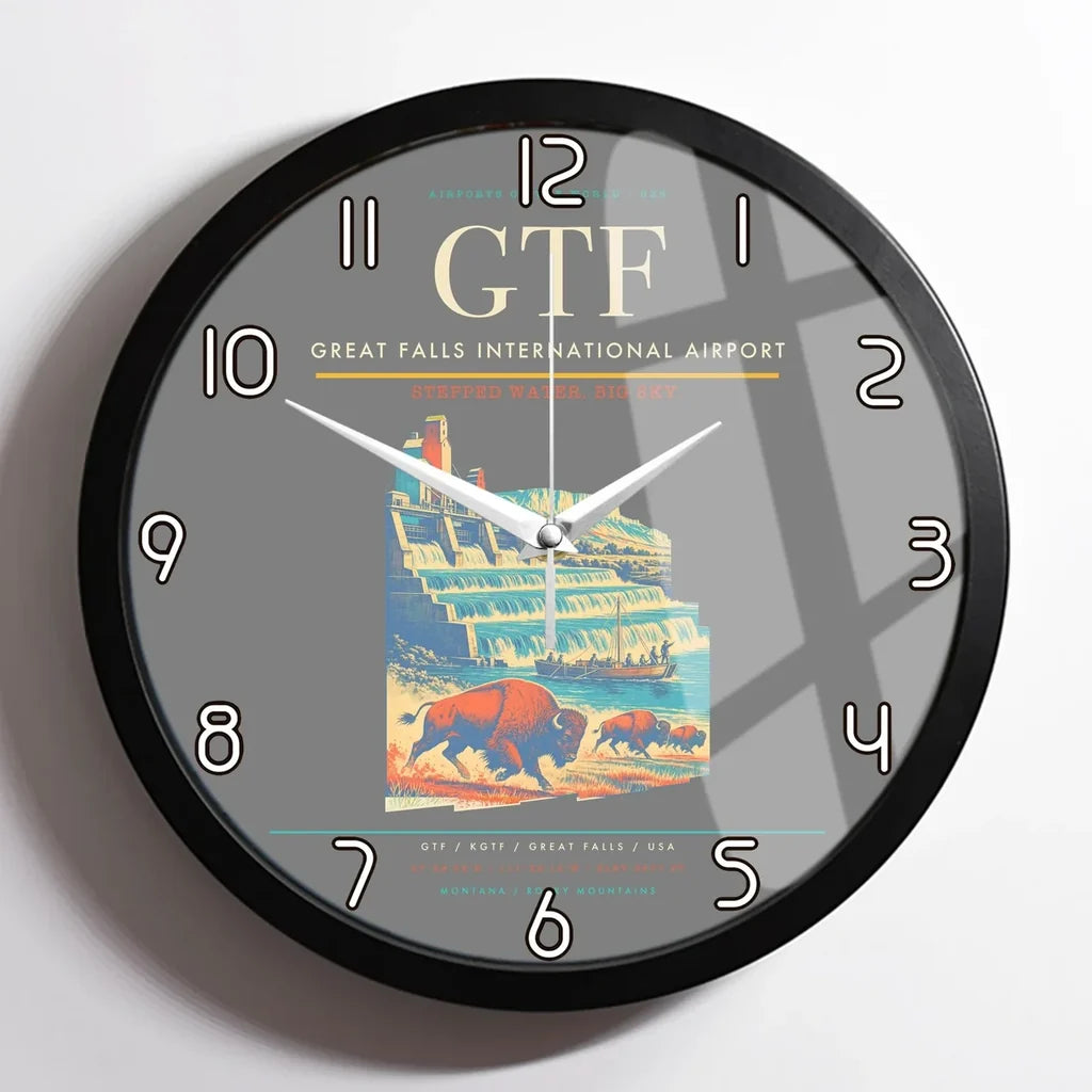 Great Falls International Airport (GTF) design on gray framed wall clock