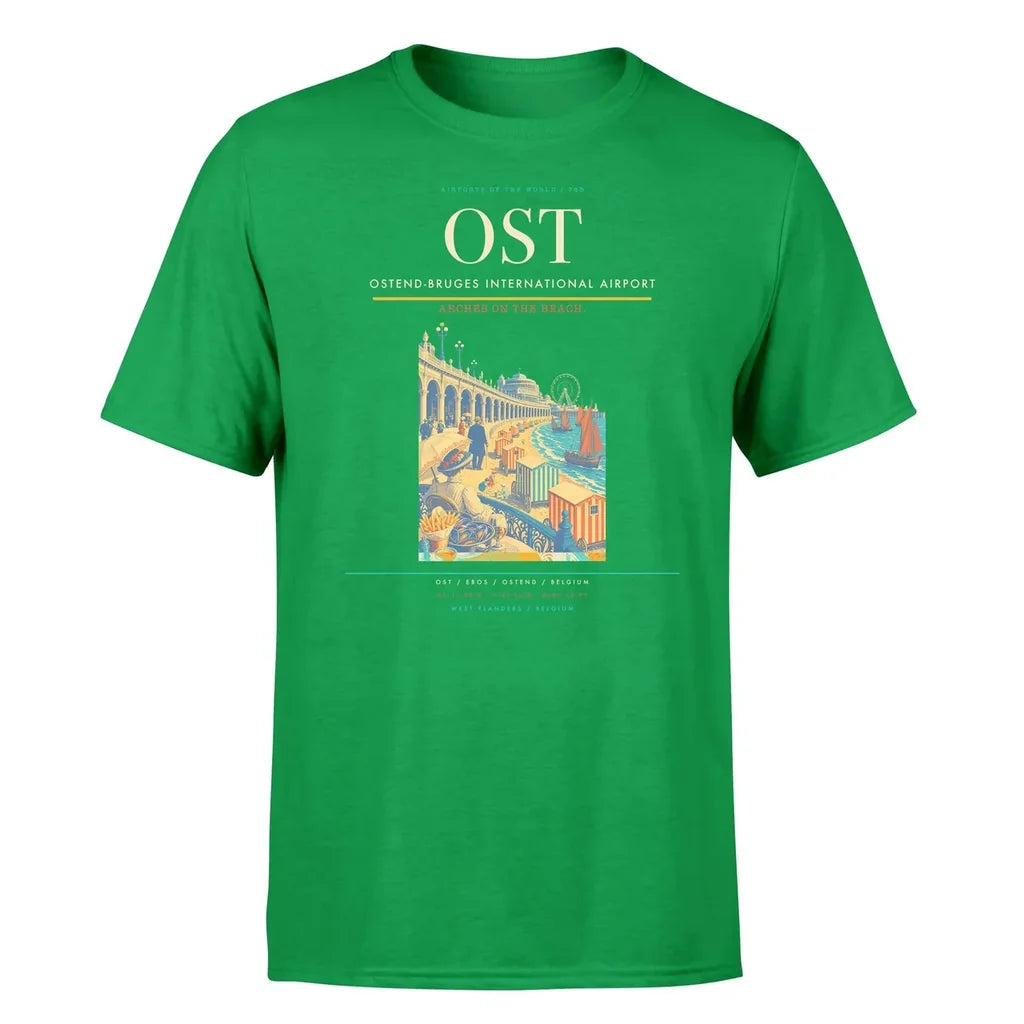 Ostend-Bruges International Airport (OST) T-Shirt single-side front print in Green | ostend-bruges-international-airport-ost-double-side-t-shirt