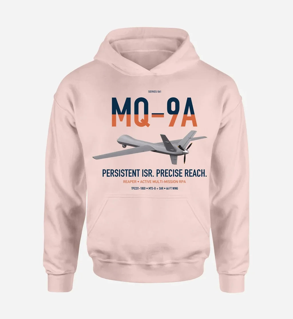 MQ-9A Reaper design on pink double-side hoodie, single-side print
