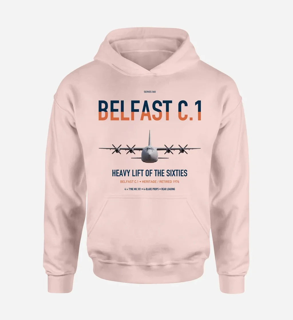 Short Belfast C.1 design on pink double-side hoodie, single-side print