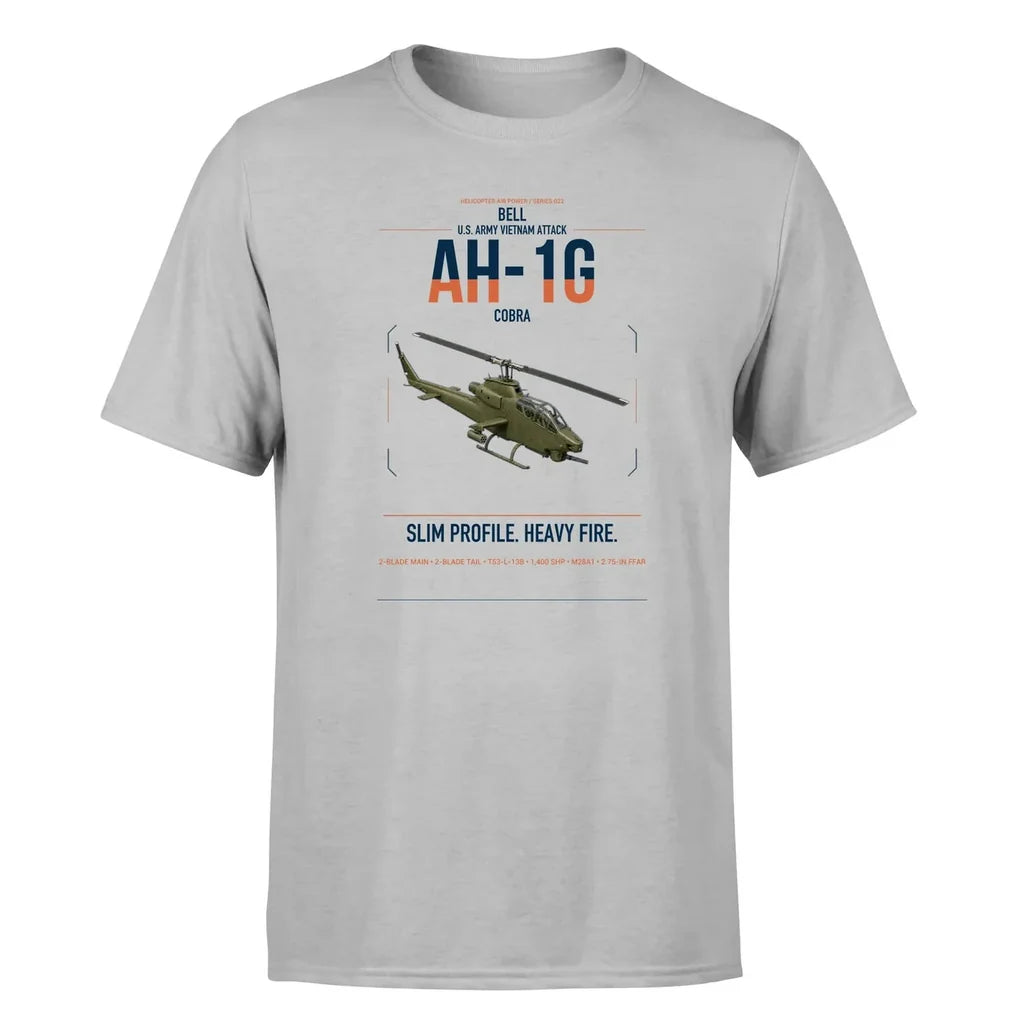 Bell AH-1G Cobra design on light gray t-shirt, single-side print
