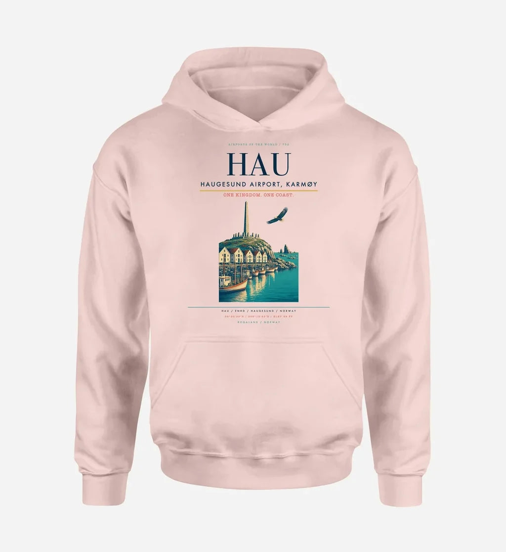 Haugesund Airport, Karmøy (HAU) design on pink hoodie single-side print
