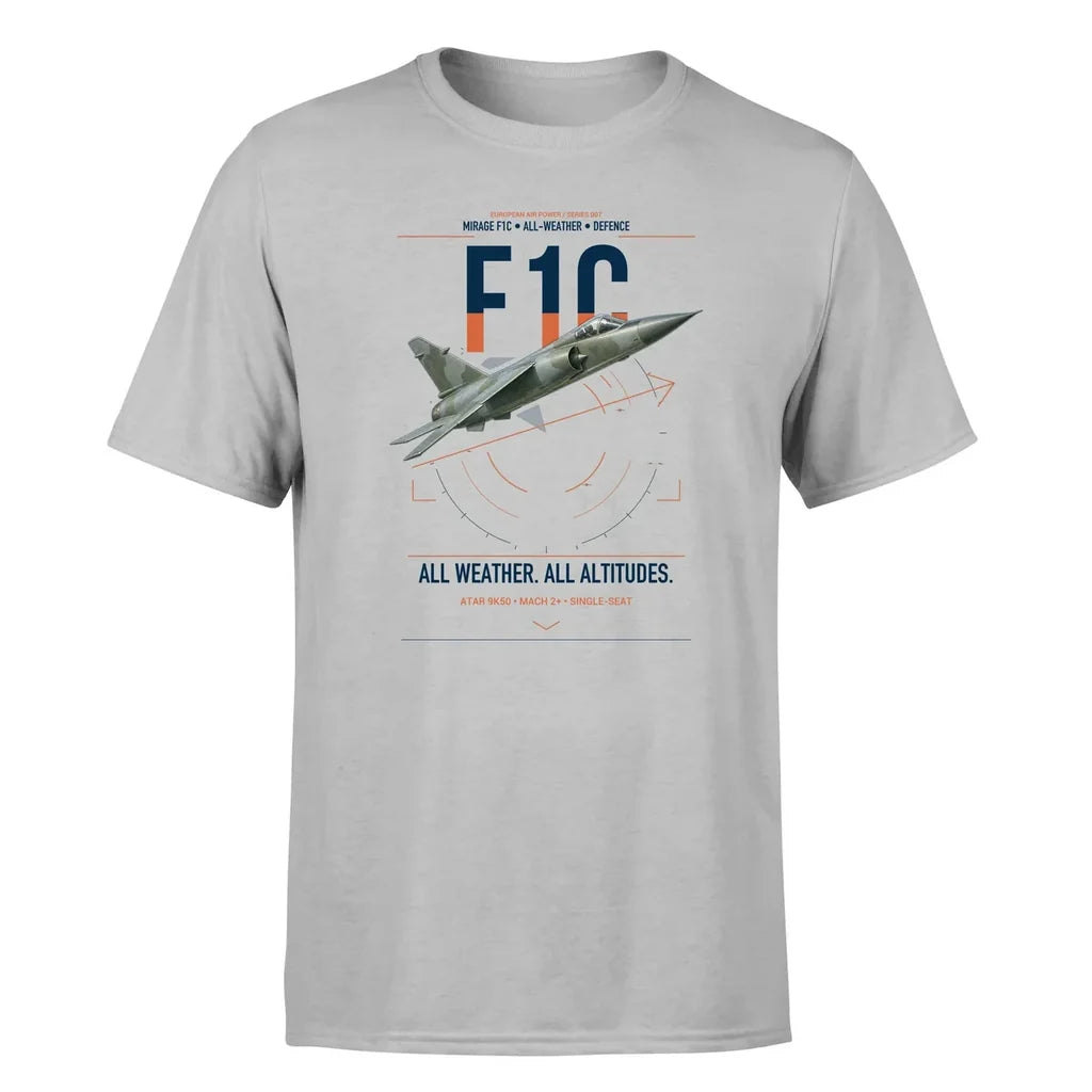 Dassault Mirage F1C design on light gray t-shirt, single-side print