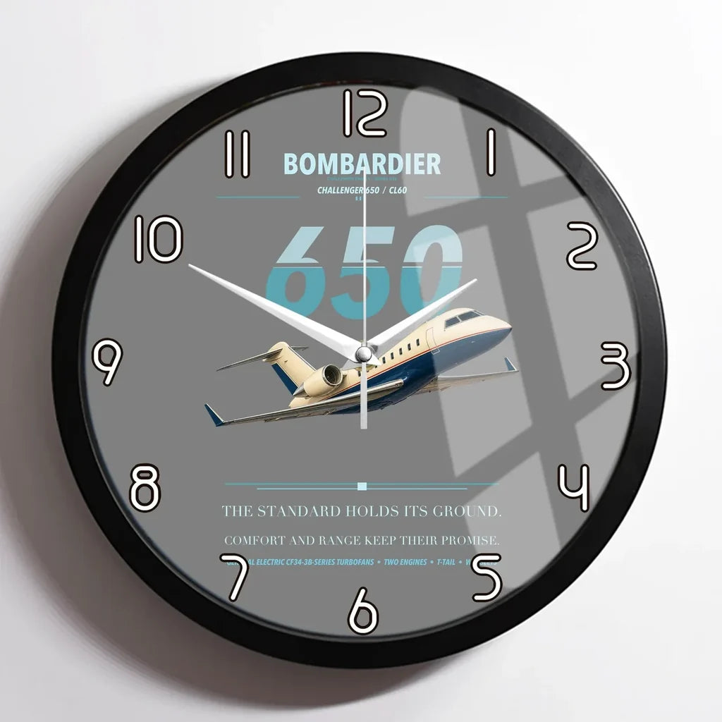 Bombardier Challenger 650 design on gray framed wall clock