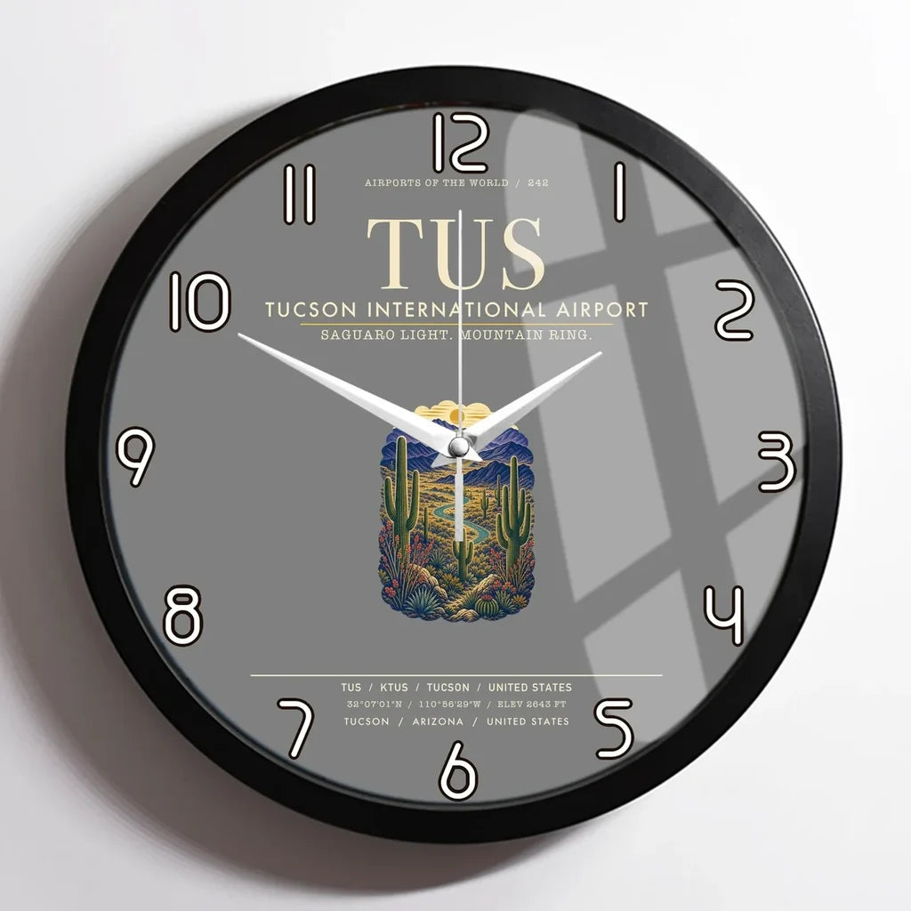 Tucson International Airport (TUS) design on gray framed wall clock
