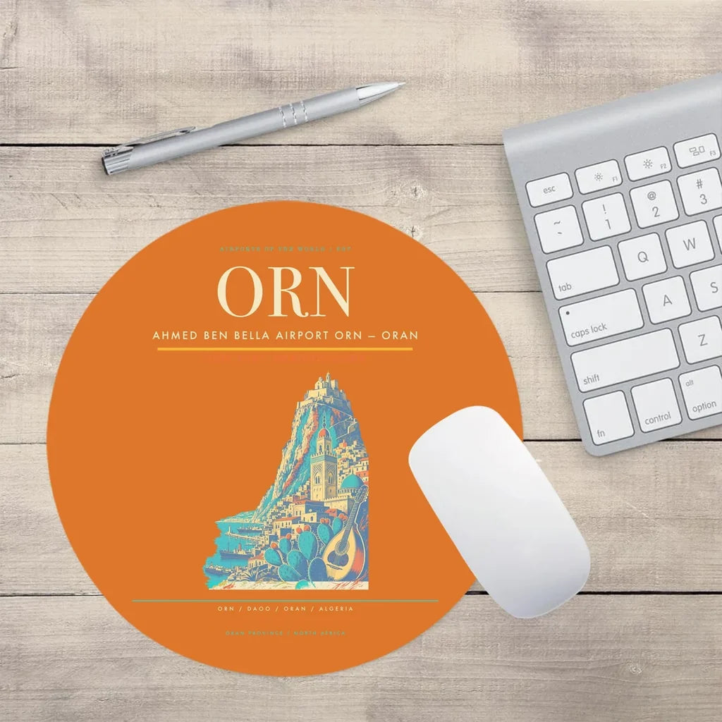 Ahmed Ben Bella Airport (ORN) design on orange round mouse pad
