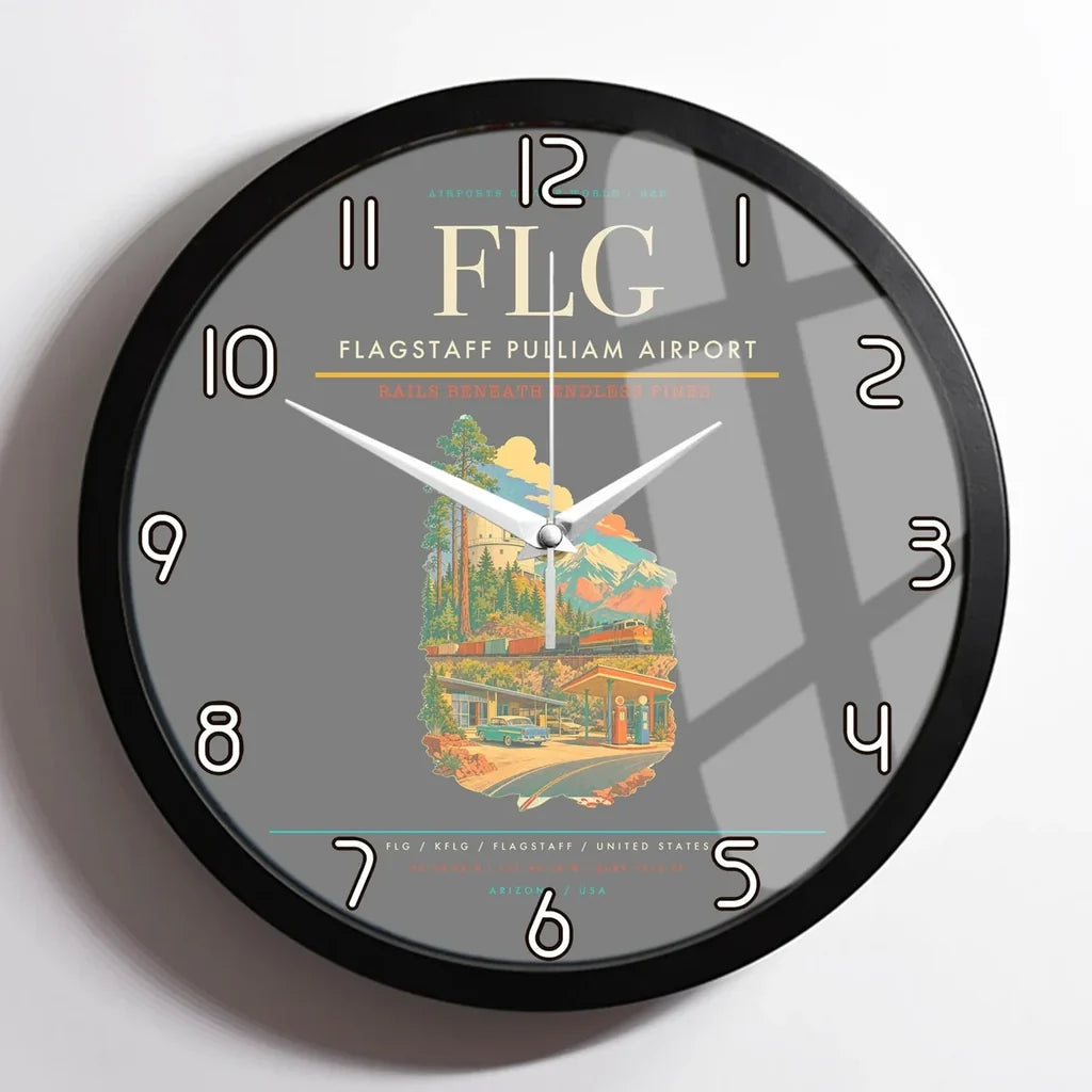 Flagstaff Pulliam Airport (FLG) design on gray framed wall clock