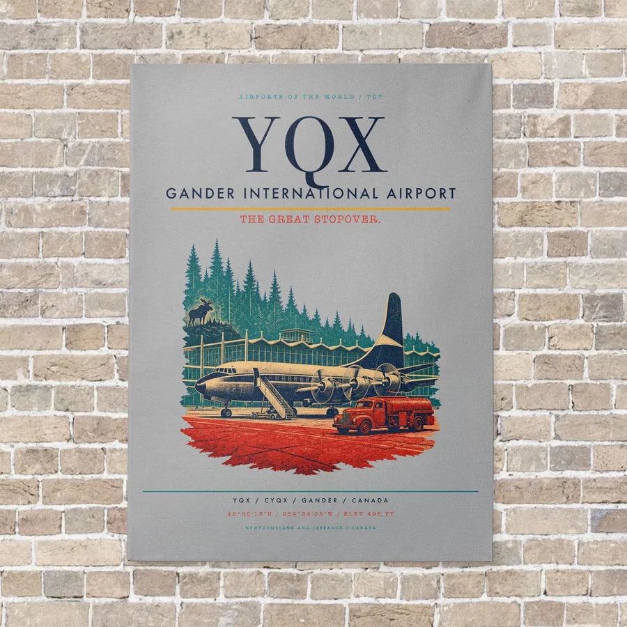 Gander International Airport YQX vertical canvas print - no frame - light gray background