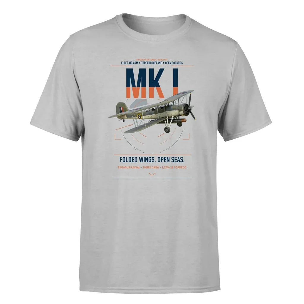 Fairey Swordfish Mk I design on light gray t-shirt, single-side print