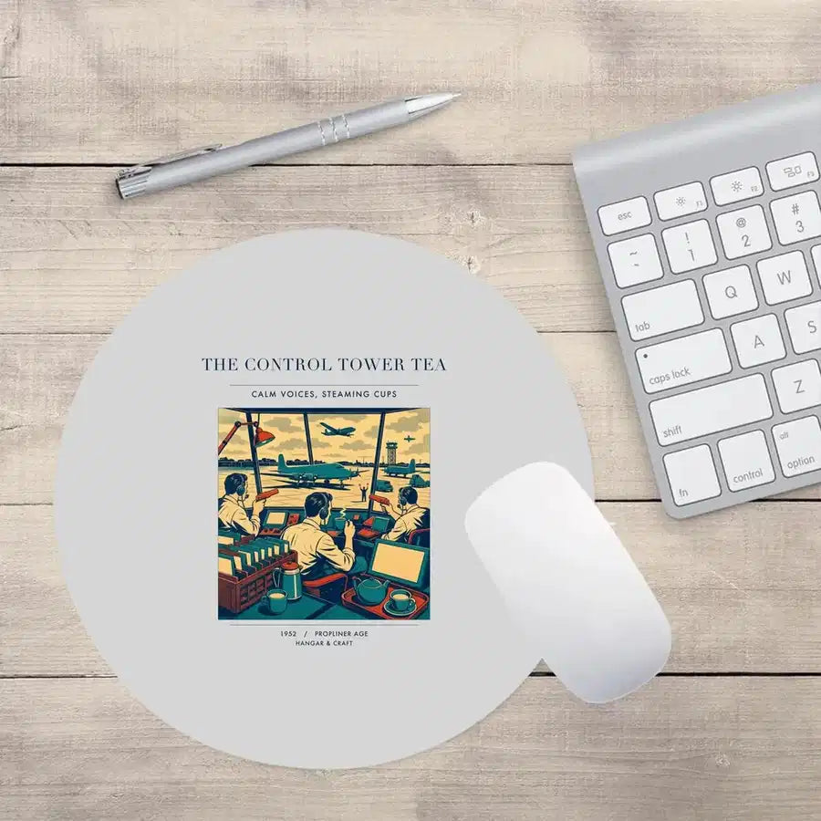 VINTAGE G4375 - The Control Tower Tea - Designed Mouse Pads design on lightgray round