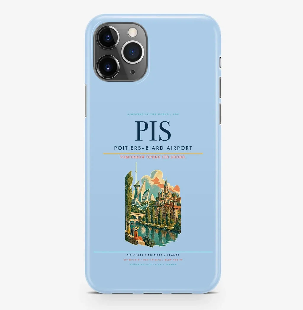 Poitiers Airport (PIS) design on light blue iPhone 16 Pro MagSafe case