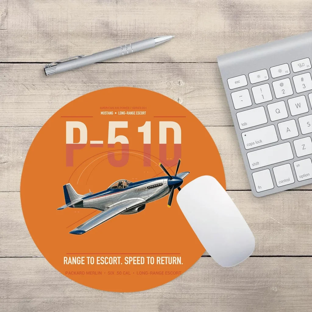 P-51D Mustang design on orange round mouse pad