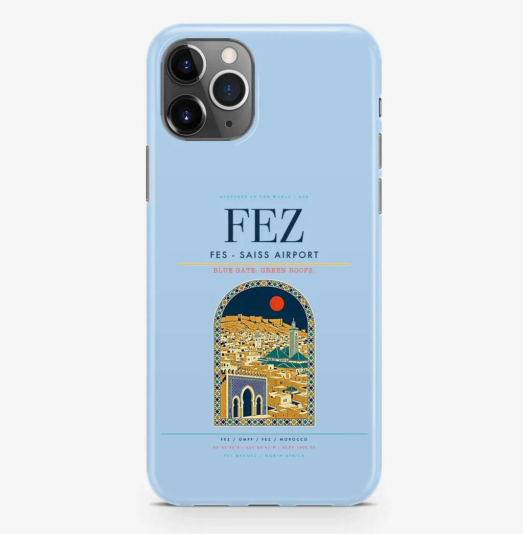 Fez Airport (FEZ) design on light blue iPhone 16 Pro MagSafe case