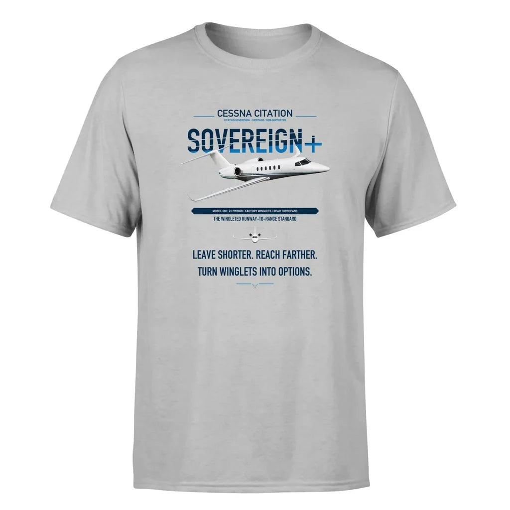Cessna Citation Sovereign+ design on light gray double-side t-shirt, single-side print
