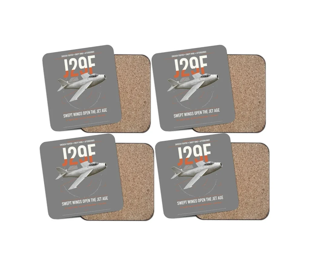 Saab J 29F Tunnan design on gray 4 pieces set coaster