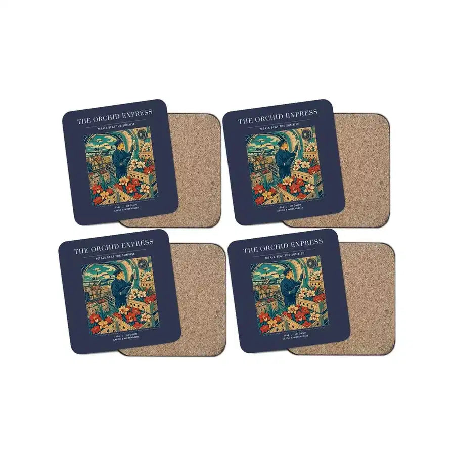 The Orchid Express - Designed Coasters design on navy blue 4-pieces-set
