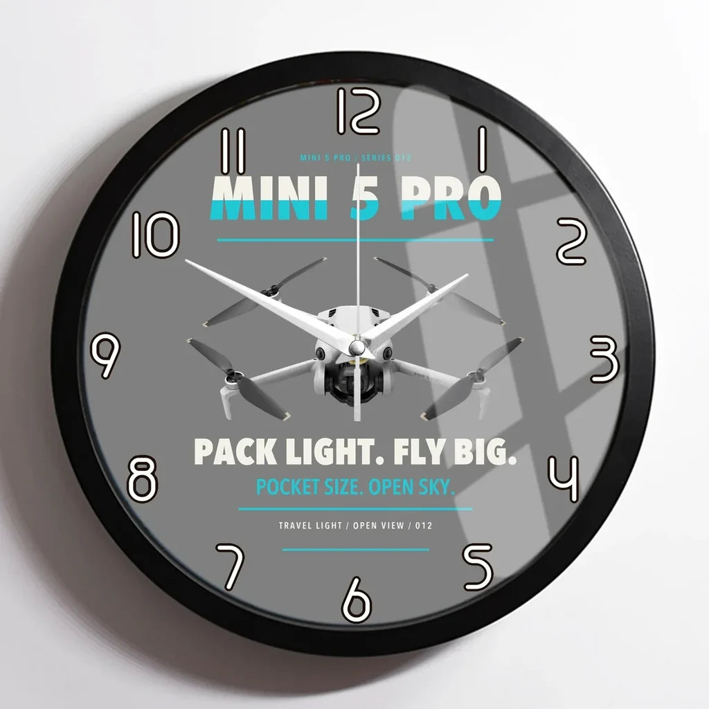 DJI Mini 5 Pro design on gray framed wall clock