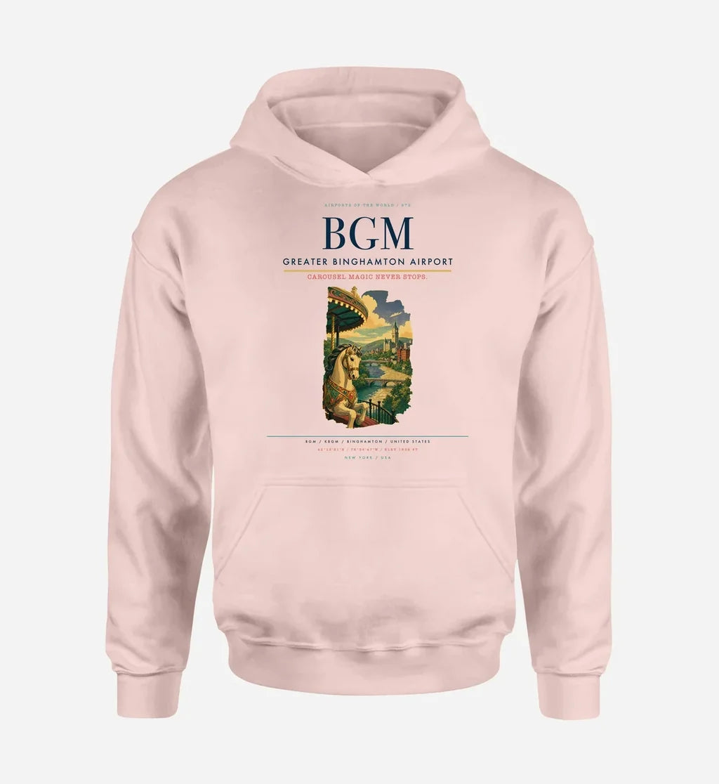 Greater Binghamton Airport (BGM) design on pink hoodie single-side print