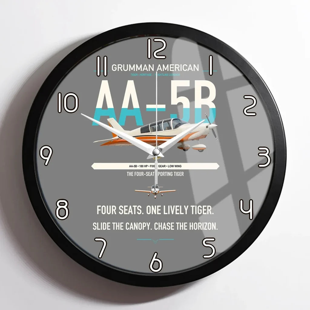 Grumman American AA-5B Tiger design on gray framed wall clock