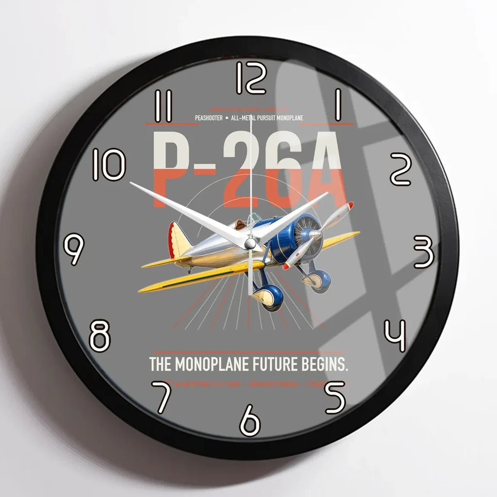 Boeing P-26A Peashooter design on gray framed wall clock