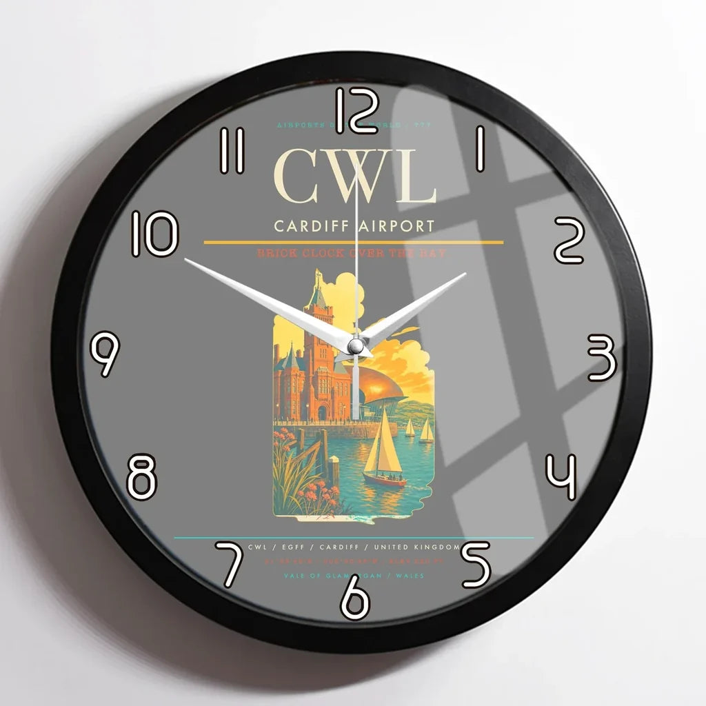 Cardiff Airport (CWL) design on gray framed wall clock