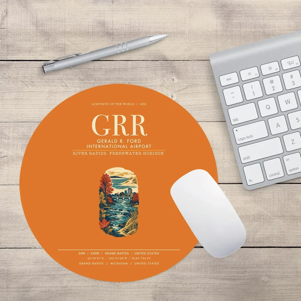 Gerald R. Ford International Airport Grand Rapids (GRR) design on orange round mouse pad
