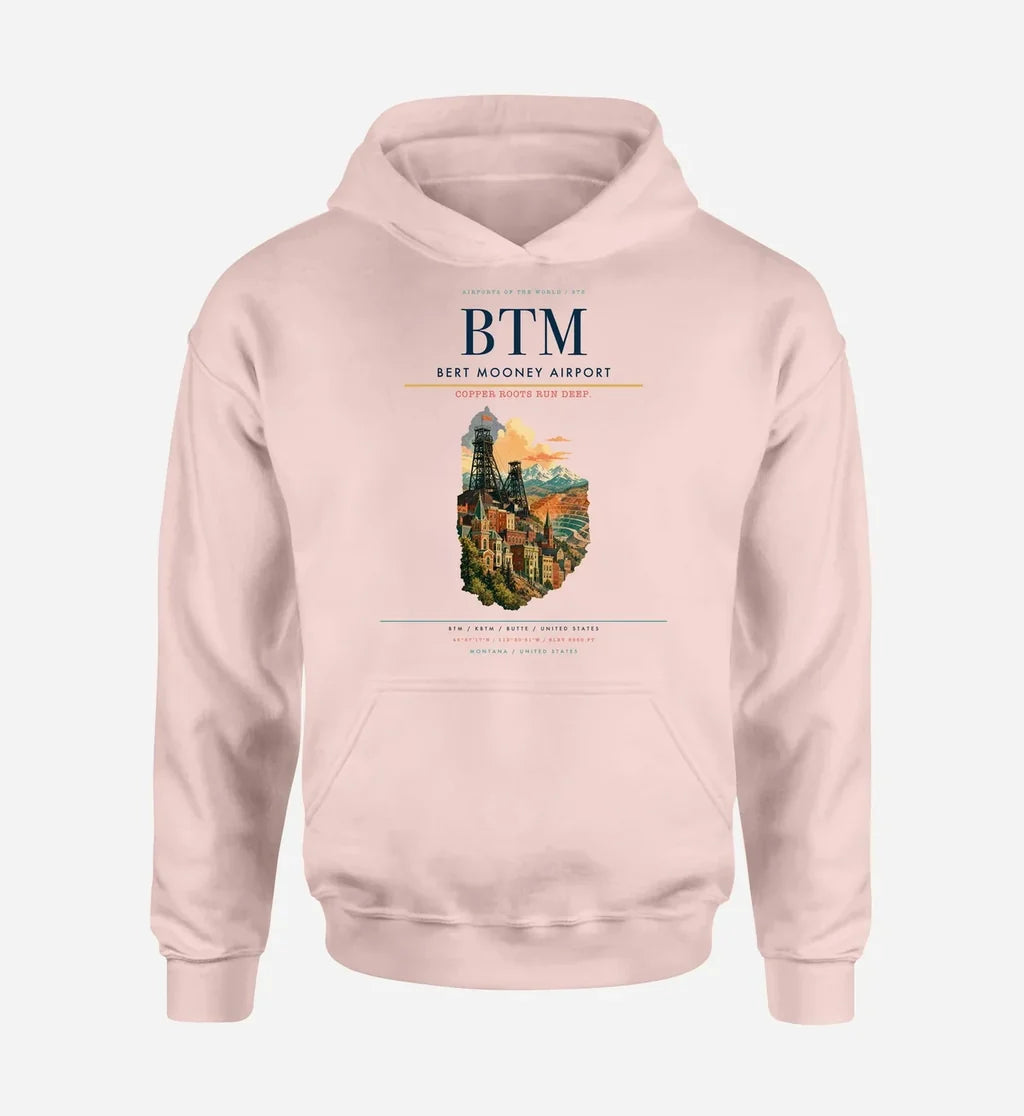 Bert Mooney Airport (BTM) design on pink hoodie single-side print