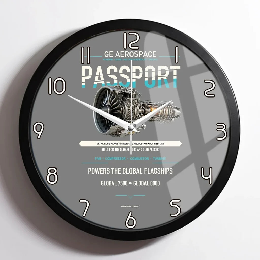 PASSPORT design on gray framed wall clock