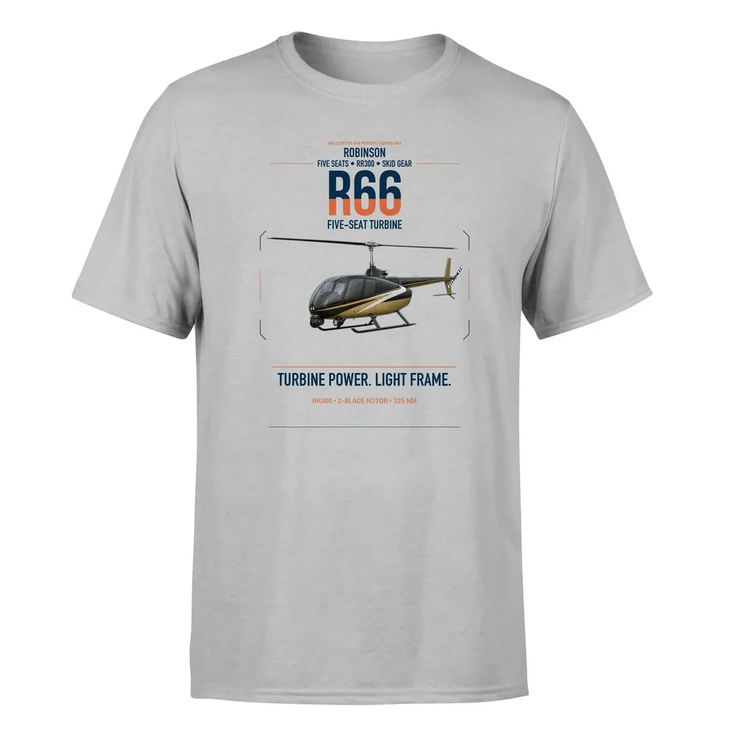 Robinson R66 design on light gray t-shirt, single-side print